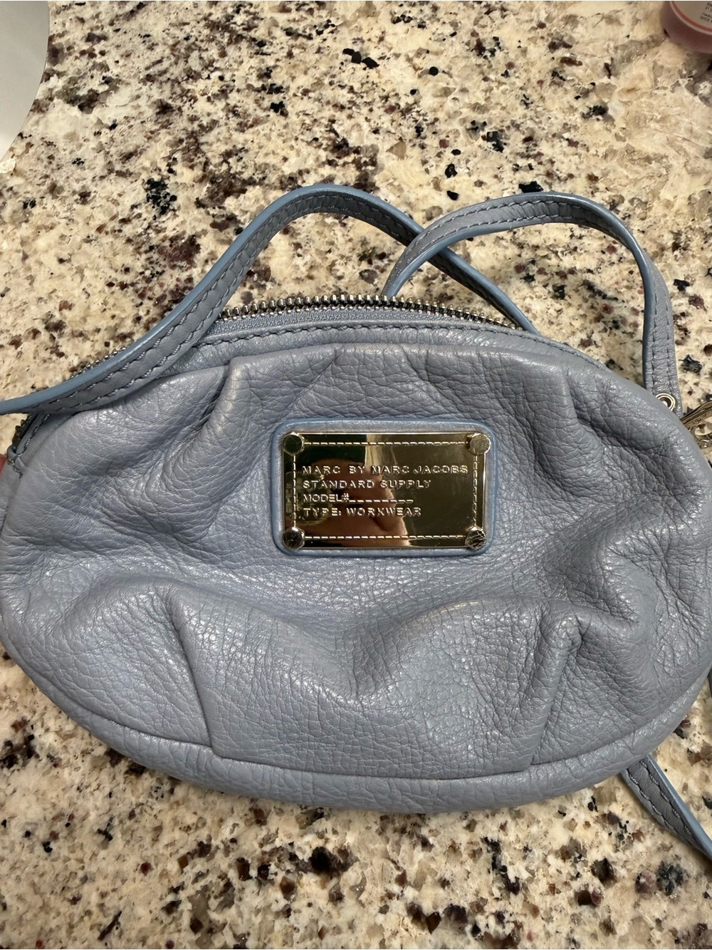 Marc By Marc Jacobs Pale Blue Pebbled Leather Crossbody with Gold Plaque